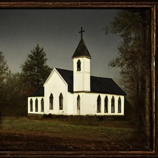 Prompt: picture of an old wooden white church, 1 9 th century southern gothic scene, made by lagerstedt, mikko