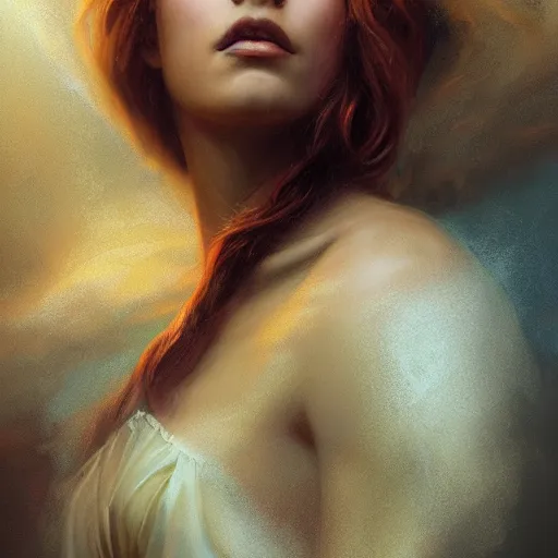 Image similar to majestic gracious regal female angel portrait, atmospheric lighting, painted, ethereal, intricate, volumetric lighting, beautiful, rich deep colours masterpiece, golden hour, sharp focus, ultra detailed, by leesha hannigan, ross tran, thierry doizon, kai carpenter, ignacio fernandez rios