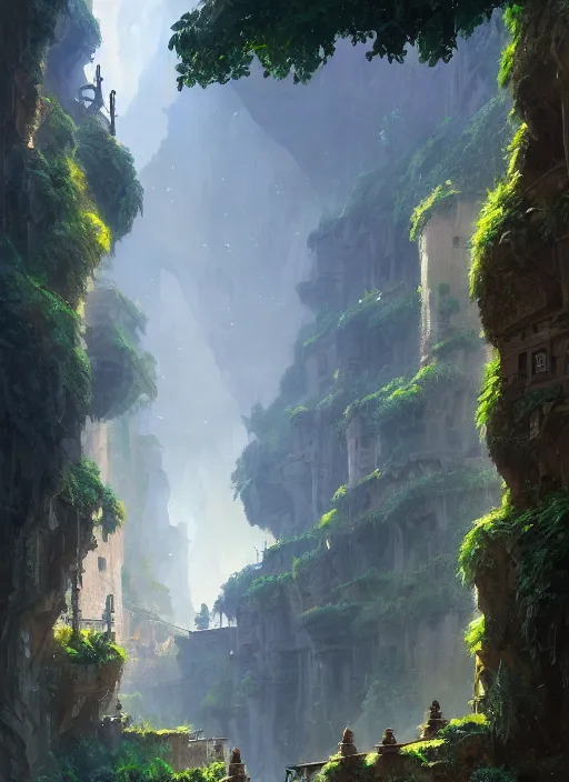 Prompt: medieval city built on terraces in a gigantic canyon, lots of buildings connected by hanging bridges, waterfalls, warm glow coming from the ground, lush vegetation, pitchblack sky, extremly detailed digital painting, in the style andreas rocha and greg rutkowski, 8 k, stunning scene, octane, trending on artstation