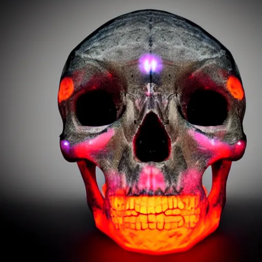 Image similar to real human skull with circular orange electronic led eyes in eye holes