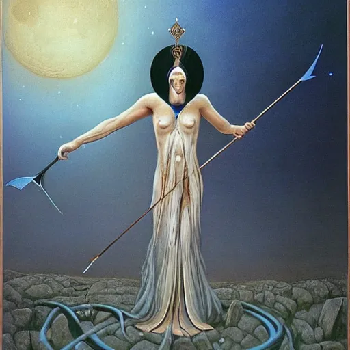 Image similar to Artemixel, the modern reincarnation of the old selenium god of hunt and moon (Selene), also known as Artemis, carrying the crown of the crescent moon. Golden bow and arrows surround her, and she is crowned by a bright and slightly bluish crescent like the brightness of the night. Portrait by Zdzislaw Beksinski, oil on canvas.