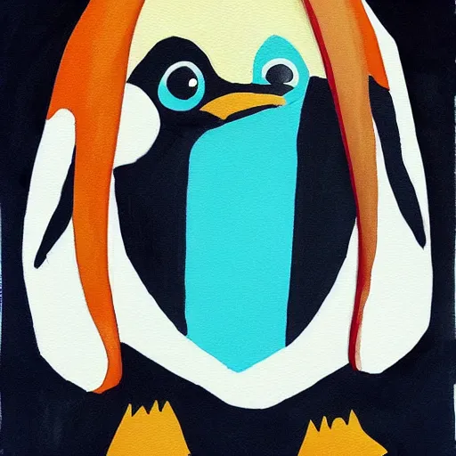 Prompt: a painting of a penguin wearing a superhero cape