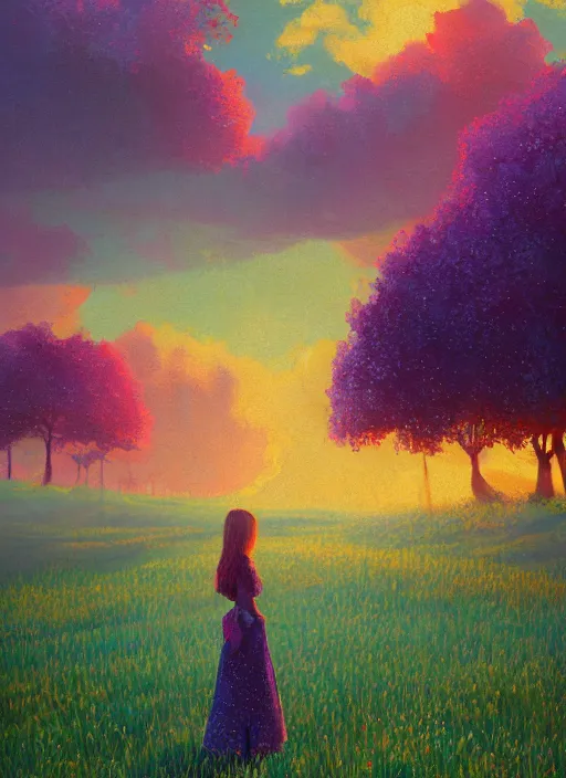 Image similar to girl with flower dress, standing in a field with floating flowers, hills, big trees, sunrise dramatic light, impressionist painting, colorful clouds, digital painting, pointillism, artstation, simon stalenhag