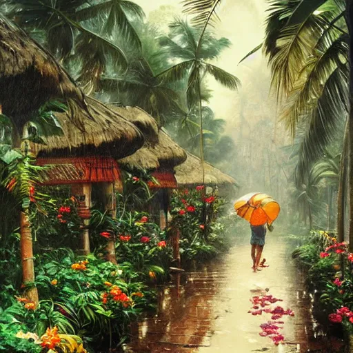 Prompt: monsoon on tropical island, ornate, beautiful, atmosphere, vibe, mist, coconuts, rain, wet, pristine, puddles, melting, dripping, snow, creek, lush, ice, bridge, forest, roses, flowers, by stanley artgerm lau, greg rutkowski, thomas kindkade, alphonse mucha, loish, norman rockwell