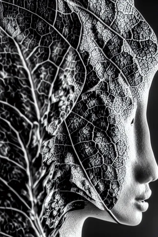 Prompt: monochrome close - up profile face black background beautiful young porcelain vegetal, dragon, cyborg, female 1 5 0 mm beautiful leaves, hyperdetailed, intricate, 8 k, low key