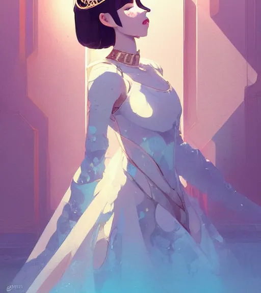 Prompt: portrait of a beautiful female immortal queen in complex and shiny dress 汉 服 by atey ghailan, by greg rutkowski, by greg tocchini, by james gilleard, by joe fenton, by kaethe butcher, dynamic lighting, gradient light blue, brown, blonde cream and white color scheme, grunge aesthetic