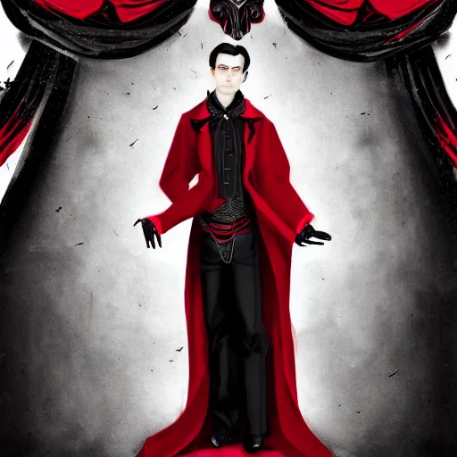 Image similar to a vampire, male, mid - 3 0 s aged, long, slicked black hair, clean shaven, in red and black, regal, high fantasy, realistic, highly detailed, full body shot, concept art, 8 k.