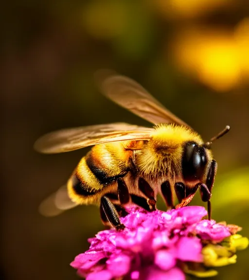 Image similar to super macro photo of a golden bee on a flower in a forest. dof. bokeh. magical atmosphere. art by greg rutkowski. lifelike. very detailed 8 k. intricate. soft light. nikon d 8 5 0.