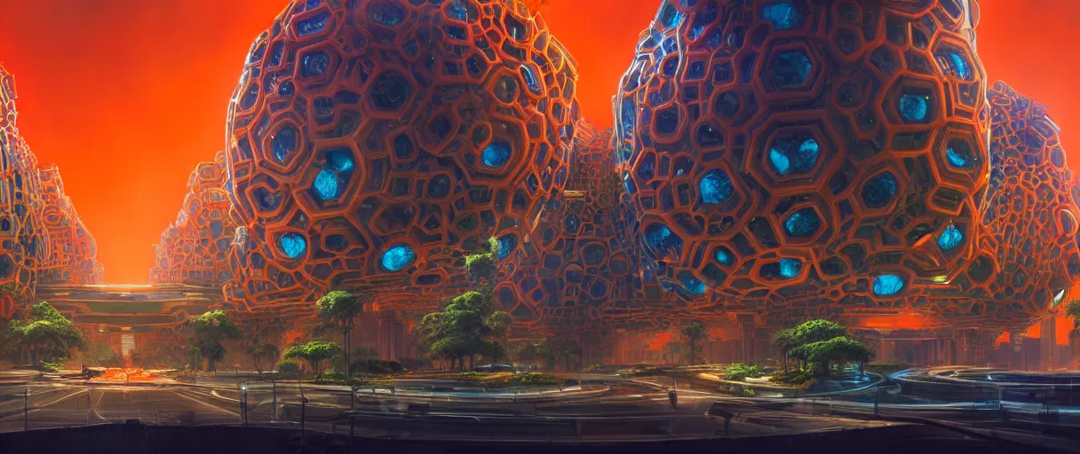Image similar to hyperrealistic hyper detailed wide shot of neo-baroque futuristic colony with brutalist architecture and carnivorous plants matte painting concept art key sage jeff koons very dramatic orange and blue lighting high angle hd 8k sharp shallow depth of field