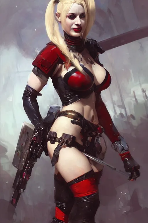 Image similar to portrait of Harley Quinn in bikini armor, dc comics, cyberpunk, Warhammer 40000, dark fantasy, digital art from artstation by Ruan Jia and Mandy Jurgens and Artgerm and william-adolphe bouguereau