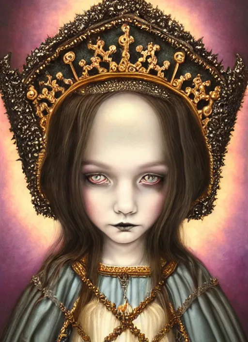 Image similar to highly detailed closeup portrait of a goth medieval princess wearing a crown and sitting on a throne, nicoletta ceccoli, mark ryden, lostfish, global illumination, god rays, detailed and intricate environment