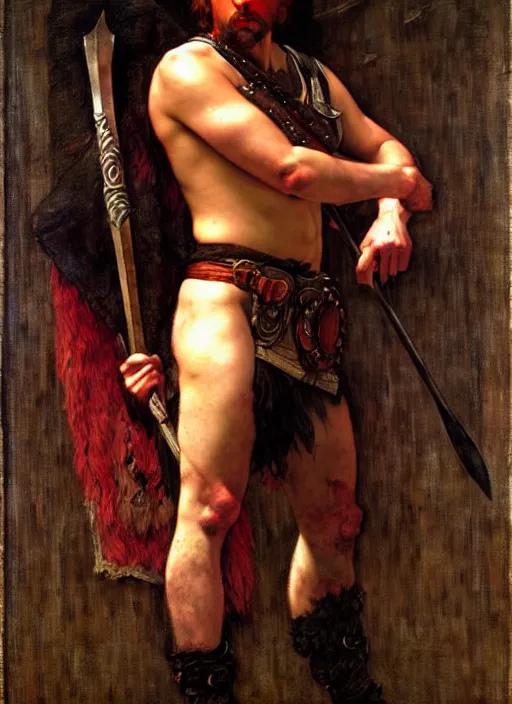 Image similar to barbarian, full body, dnd character art portrait, dramatic lighting, vivid colors by edgar maxence and caravaggio.