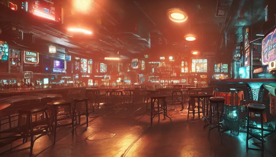 Image similar to cyberpunk themed pub, very detailed, octane render, 4 k, trending on artstation