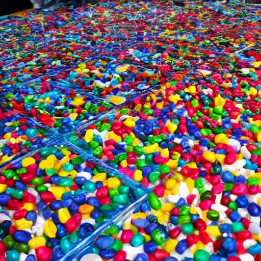 Prompt: Lego City overrun by thousands of jelly beans, old collection, verisimilitudinous