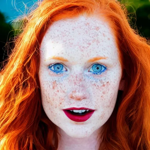 Image similar to Close up photo of the left side of the head of a redhead woman with gorgeous blue eyes and wavy long red hair, red detailed lips and freckles who looks directly at the camera. Slightly open mouth. Whole head visible and covers half of the frame, with a park visible in the background. 135mm nikon.