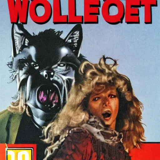 Prompt: wolfbot 80s horror VHS cover