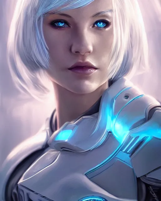 Image similar to perfect aidra fox with white hair, warframe armor, beautiful, dreamy, pretty face, blue eyes, portrait, bright light, scifi, utopian architecture in the background, laboratory, ultra realistic, intricate, glow, cinematic, extreme details, focused, masterpiece, art by seunghee lee, blair armitage