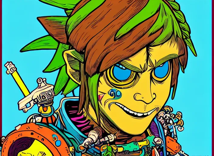 Prompt: biopunk majoras mask link from zelda!! portrait illustration, pop art, splash painting, art by geof darrow, ashley wood, alphonse mucha, makoto shinkai