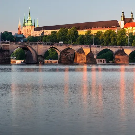 Image similar to a falcon 9 rocket launching from a river platform on Vltava river at sunset , background is the skyline of Prague castle, Charles bridge in the foreground, artistic photo