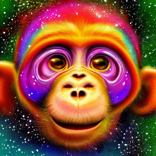 Image similar to excited young monkey underwater, sparkly, colorful, digital painting