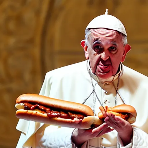 Prompt: the pope has 10 hotdogs in his mouth at once on stage, hyper realistic