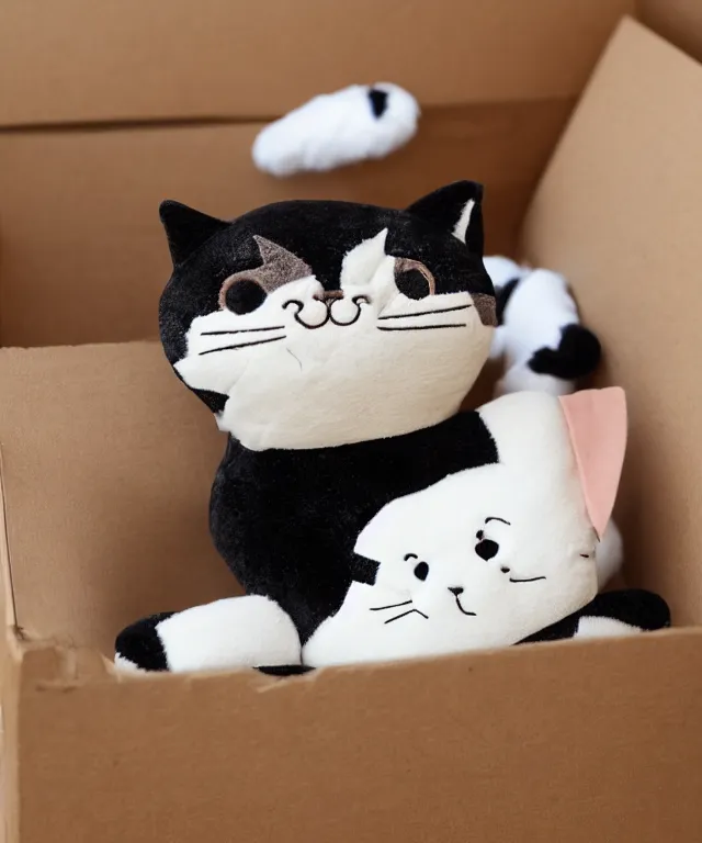 Prompt: a cat plushie in a cardboard box