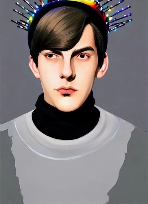 Image similar to portrait of teenage jughead jones wearing a light grey crown, crown, blue turtleneck, 1 9 5 0 s, closed eyes, photorealistic, black hair, glowing lighting, intricate, elegant, glowing lights, highly detailed, digital painting, artstation, concept art, smooth, sharp focus, illustration, art by wlop, mars ravelo and greg rutkowski