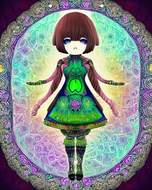 Image similar to fractal mandala funny nendroid nendroid girl very funny joy emoji psy trip ghost color an ancient white bone and emerald gemstone relic, intricate engraving concept art style