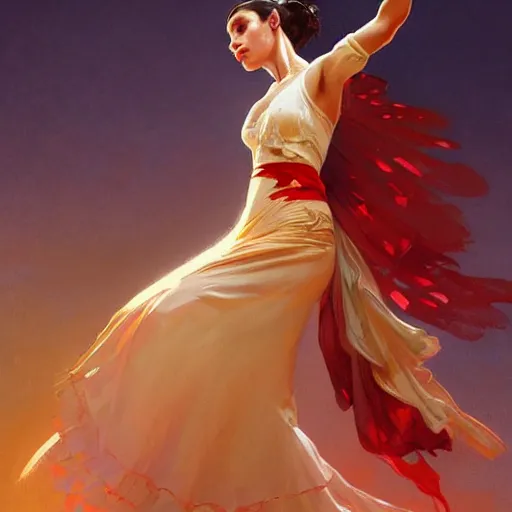 Image similar to female flamenco dancer, spotlight, highly detailed, digital painting, artstation, concept art, smooth, sharp focus, illustration, cinematic lighting, art by artgerm and greg rutkowski and alphonse mucha