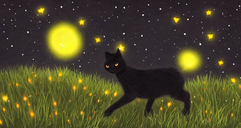 Prompt: black cat with glowing eyes walking around in a very dark open field at midnight with fireflies in the air and lots of stars in the sky, digital painting, highly detailed, magical, beautiful