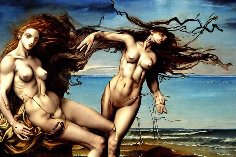 Prompt: The Birth of Venus repainted by Simon Bisley, extreme muscle tone, dramatic pose, cybernetically enhanced, cyberpunk, augmented human, by da Vinci, by HR Giger