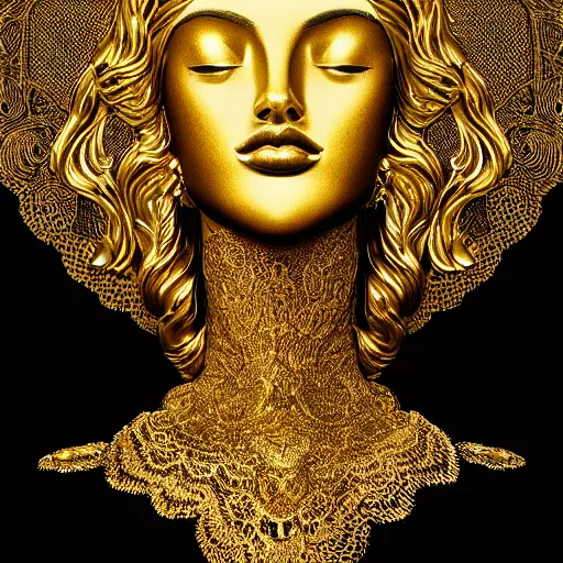 Image similar to epic deatailed golden statue of a beautiful female, surrounded by intricate gold lace metalwork on a black smokey background, close up face, modern art, trending on Artstation