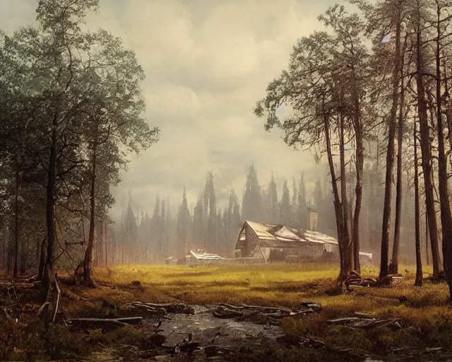 Image similar to beautiful matte painting of cute soviet block of flatshrushevka in end of forest by ivan shishkin