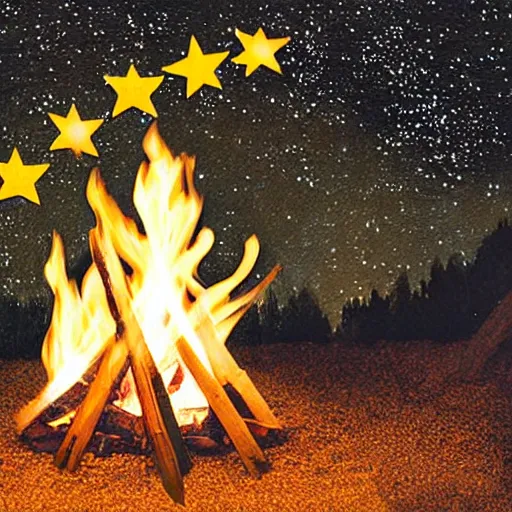 Image similar to a comfy crackling outdoor campfire in front of a very dark background of yellow illustrated stars, astrophotography, warm muted colors, cut paper photo collage with photograph and illustration