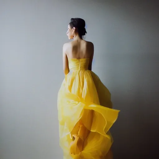 Prompt: a woman in a yellow organza dress dancing, ultra realistic, intricate, elegant, highly detailed, studio photo, smooth, sharp, focus,