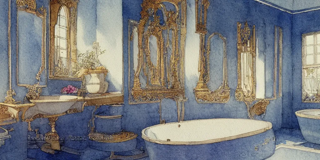 Prompt: a hiper intricate watercolor of a beauty modern bath room, reflexions, intricate details, smooth, by william turner art, by greg rutowski by edmund dulac, by carl larson