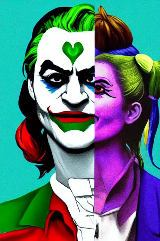 Image similar to joaquin phoenix as joker and lady gaga as harley quinn, fix duplicate content!, fix broken content!, violet polsangi pop art, gta chinatown wars art style, bioshock infinite art style, incrinate, realistic anatomy, hyperrealistic, two colors, white frame, content balance proportion