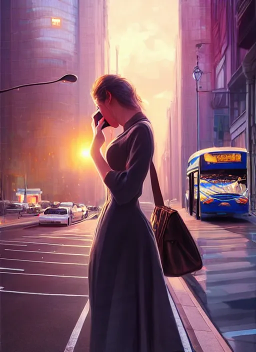 Prompt: a beautiful woman stands at a bus stop in the early morning, calls on the phone, around the city, the road, sharp focus, 8 k high definition, insanely detailed, intricate, elegant, art by stanley lau and artgerm, floating embers