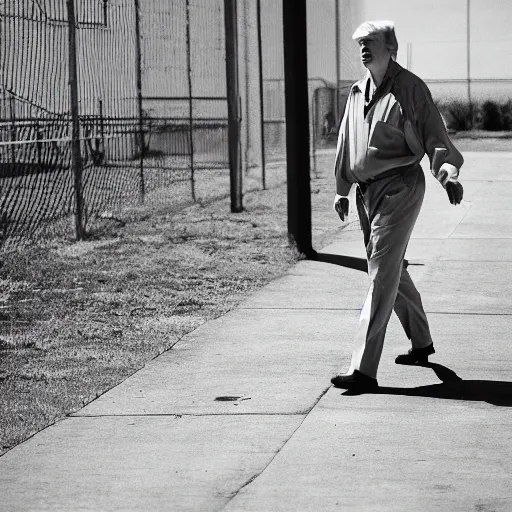 Prompt: photojournalist photo of donald trump in prison clothes walking in the federal prison yard, 3 5 mm f 1. 8
