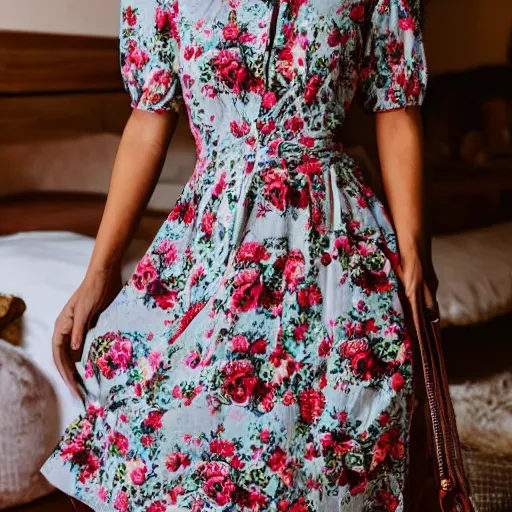 Prompt: woman with a large majestic detailed cotton roses dress
