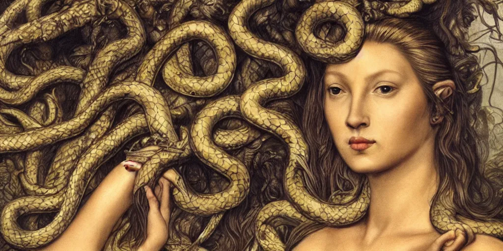 Image similar to realistic portrait of medusa with her snakes, golden, delicate, hyper realism, 1 4 5 0, ink, ultra realistic, 8 k
