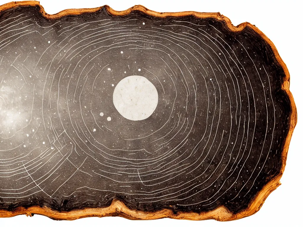 Image similar to wood engraving of a solar system diagram burned into a slice of log, on a white background