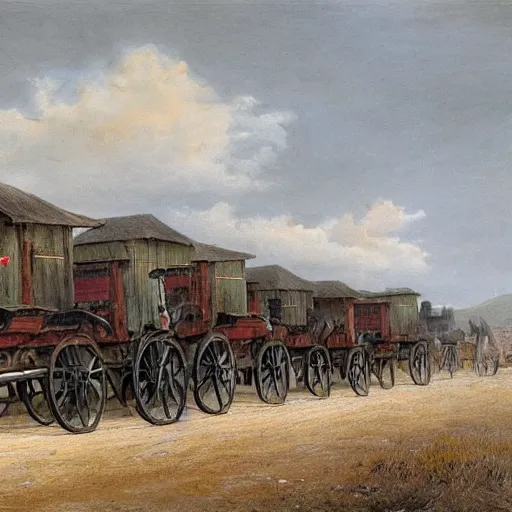 Prompt: a wagon train of eight wagons, western