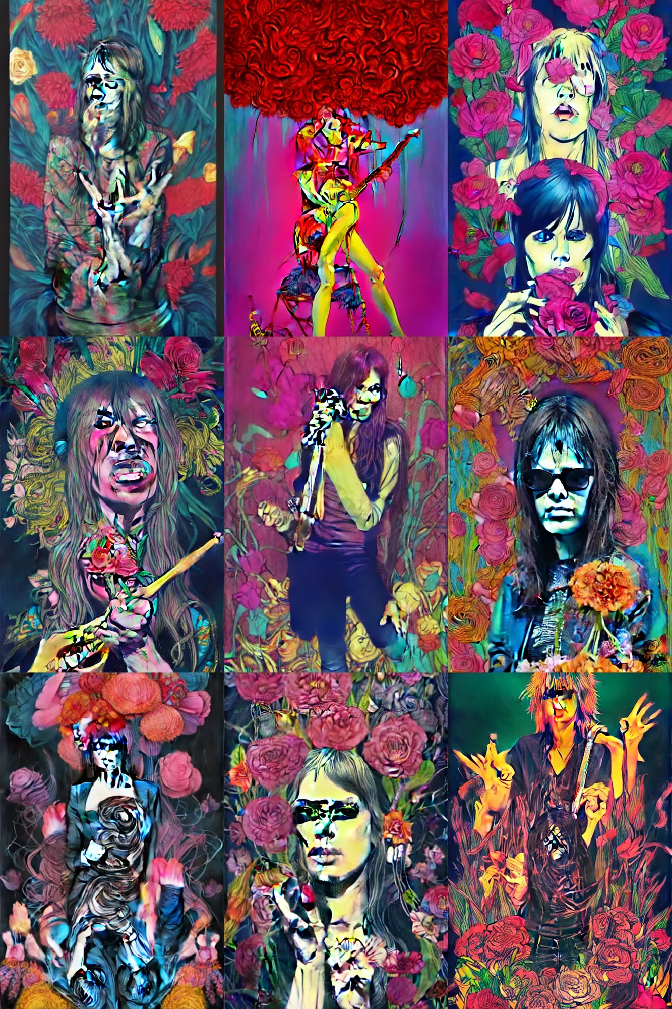 Prompt: the velvet underground and nico playing live on stage, beautiful stage decoration with flowers in the background, painting by james jean, very detailed and colorful and ornamental and moody and relaxed and tasteful and laid back and relaxed and cool and high on drugs, trending on artstation, behance contest winner