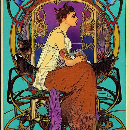 Image similar to poster of Gypsy lady doing tarot card reading inside a gypsy caravan surrounded by cats, art nouveau, 1878, Alphonse Mucha, decorative panels, old paper, soft colors