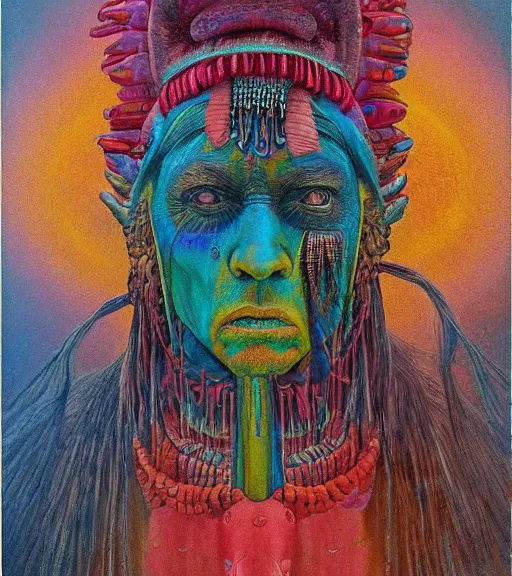 Image similar to Portrait painting in a style of Beksinski mixed with Alex Grey of an old shaman dressed in a colorful traditional clothes. Symmetry