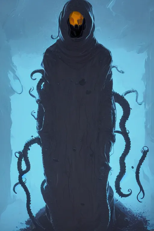 Prompt: A full body portrait of a mysterious character with no face with a very long hooded yellow cloak with black tentacles that have eyes coming out the bottom art by Maciej Kuciara and Jason Chan, ominous, cosmic horror, trending on artstation, Ultra detailed, hyper realistic 4k