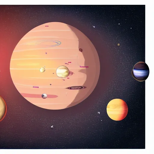 Prompt: cinematic system solar made of flat planets perfect drawing all planets in orbita, digital science drawing