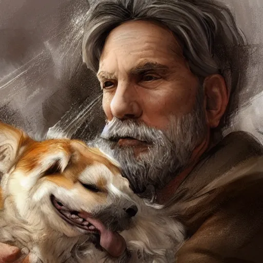 Image similar to portrait of a old, ruggedly handsome bearded man cuddling a corgi dog, soft hair, muscular, half body, cloth, d & d, fantasy, intricate, elegant, highly detailed, digital painting, artstation, concept art, smooth, sharp focus, illustration, art by artgerm and greg rutkowski and alphonse mucha