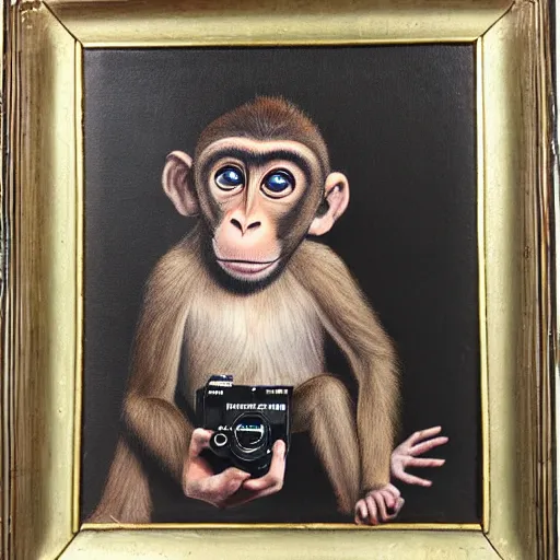 Image similar to Portrait of Monkey holding a camera, oil painting
